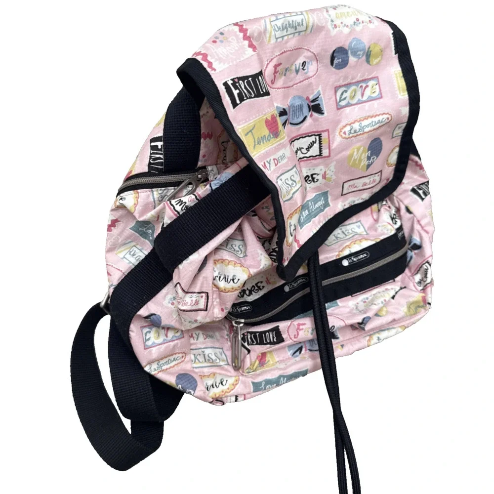 LeSportsac Small Mini Backpack Love Print Cinch Top Snap Closure Zipped Pockets
